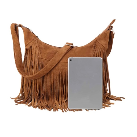 Western Vegan Suede Zipper Fringe Hobo shoulder Bag - Picture 3 of 10